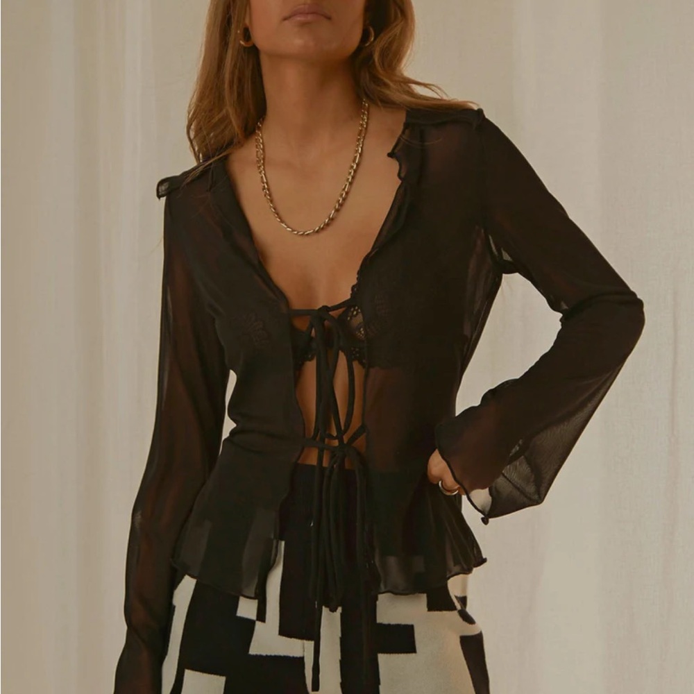 Sheer tie top long sleeve blouse